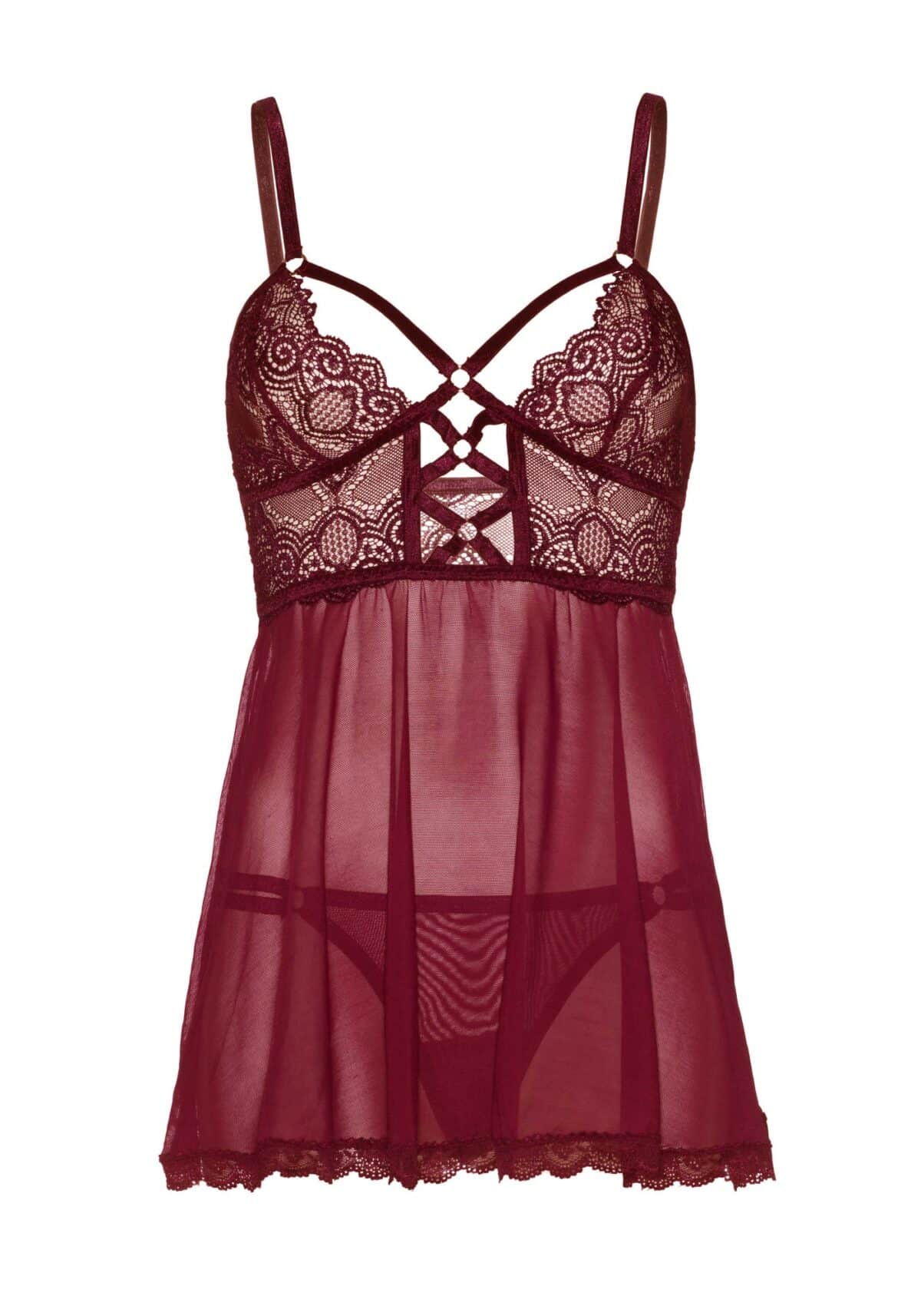 Burgundy Sheer lace babydoll and string