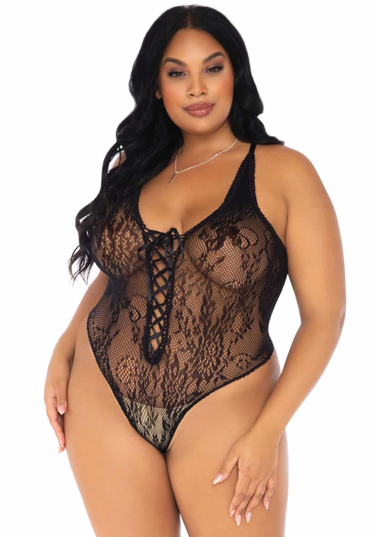 Plus size Floral lace thong teddy +